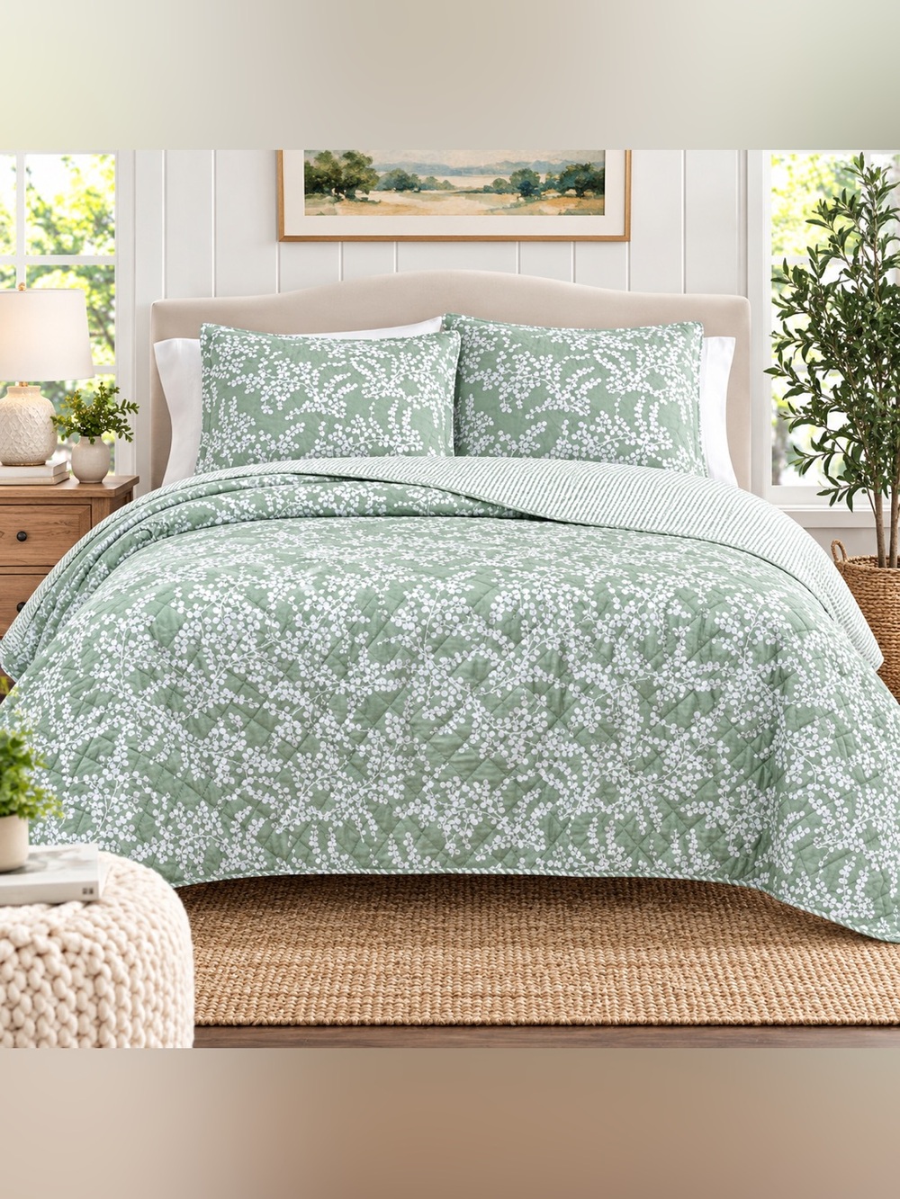 Martha Stewart Layered Branches King Quilt Set Light Sage 3 Piece New